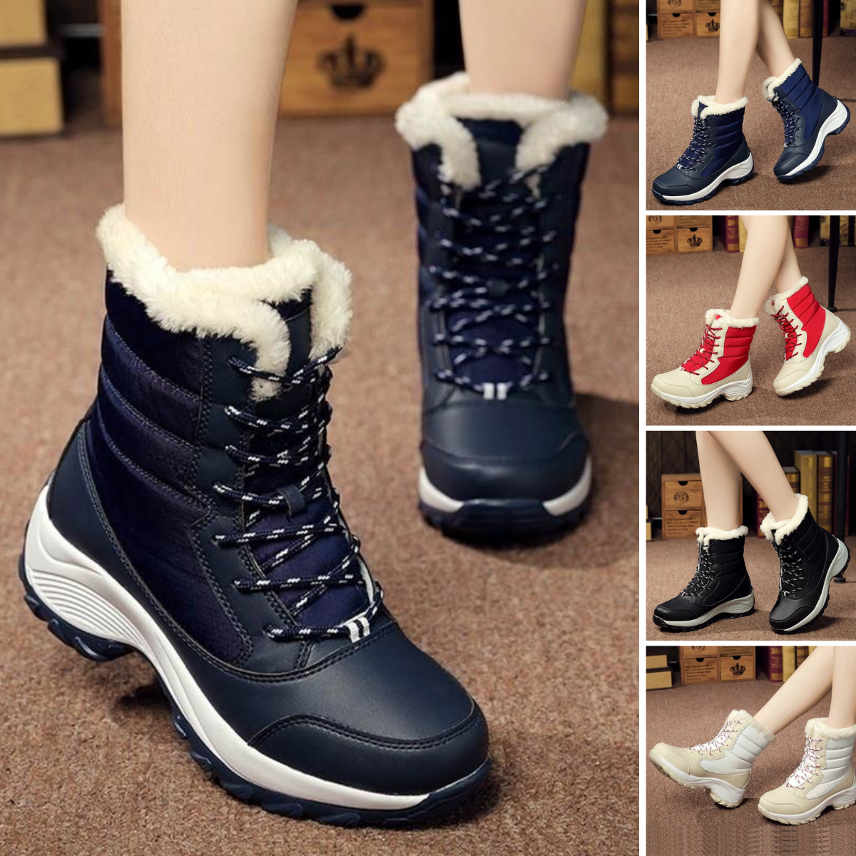 Women's waterproof faux fur lace-up winter boots