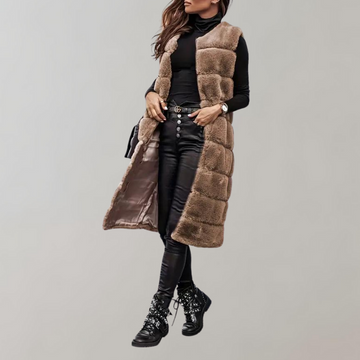 Round neck fur vest long vest jacket for women