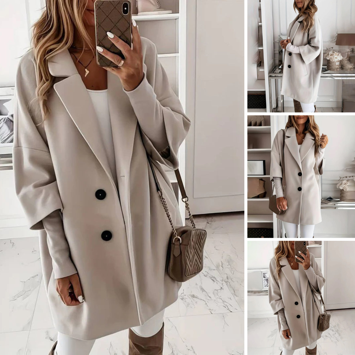 Women's coat with lapel and buttons three-quarter sleeve