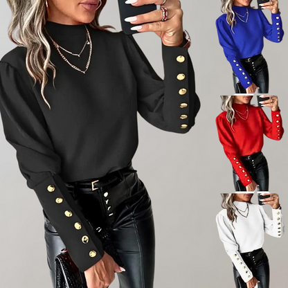 Women's Blouse - High Neck - Long Sleeve Button Detail - Elegant Loose Fit
