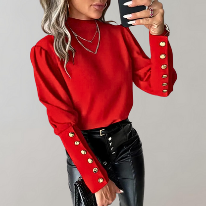 Women's Blouse - High Neck - Long Sleeve Button Detail - Elegant Loose Fit