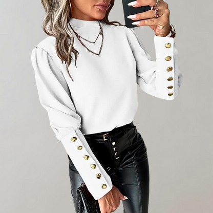 Women's Blouse - High Neck - Long Sleeve Button Detail - Elegant Loose Fit