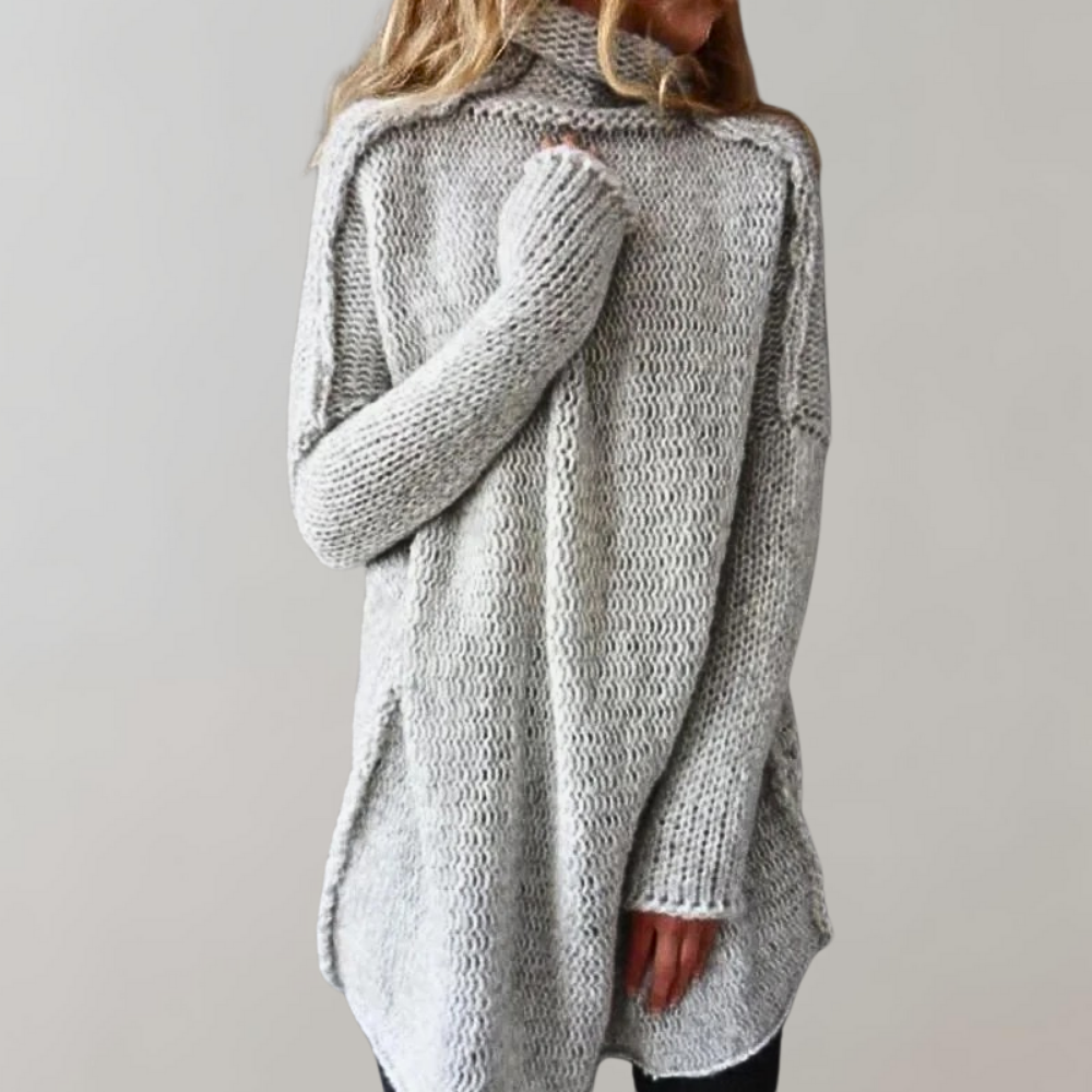 Casual long sweater for women with high neck collar