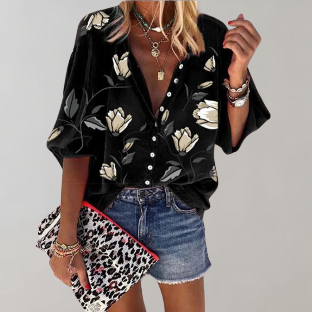 Women's Blouse - Floral Print - Loose Fit - 3/4 Wide Sleeves - Button-Up Casual Wear