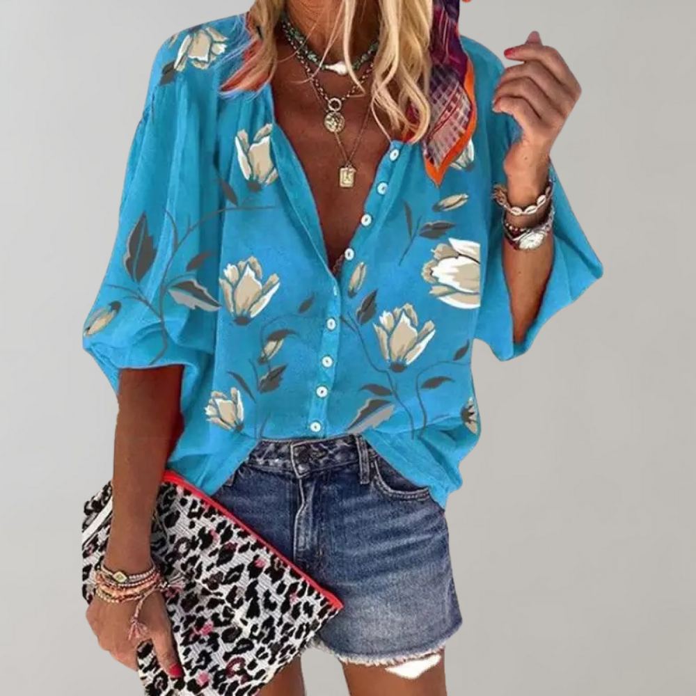 Women's Blouse - Floral Print - Loose Fit - 3/4 Wide Sleeves - Button-Up Casual Wear