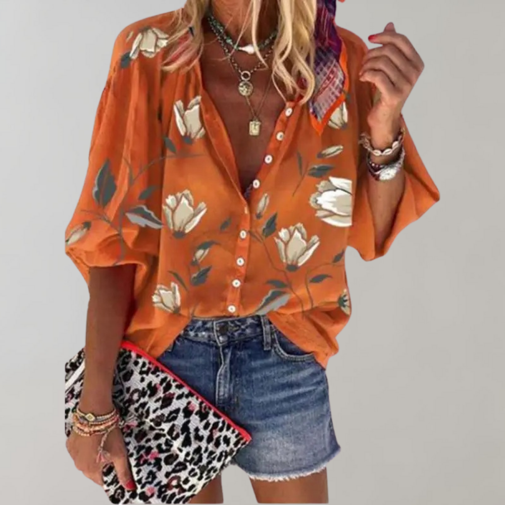 Women's Blouse - Floral Print - Loose Fit - 3/4 Wide Sleeves - Button-Up Casual Wear