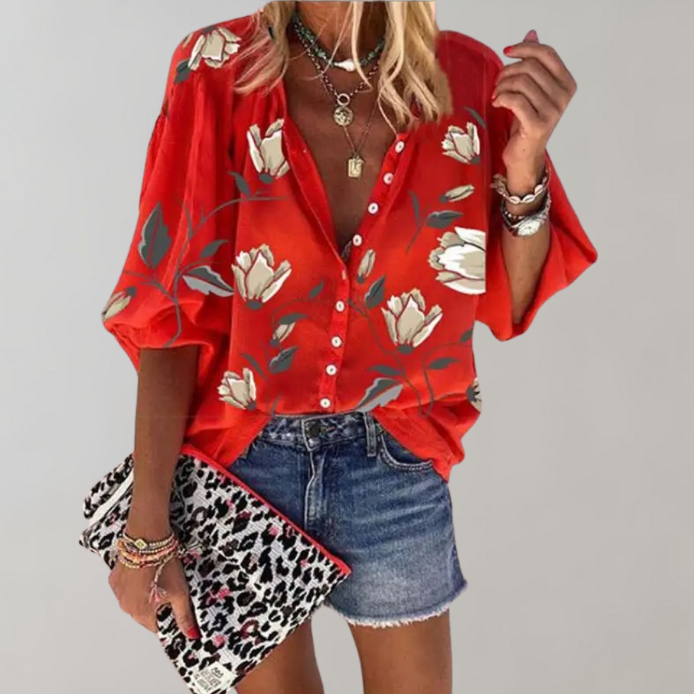 Women's Blouse - Floral Print - Loose Fit - 3/4 Wide Sleeves - Button-Up Casual Wear