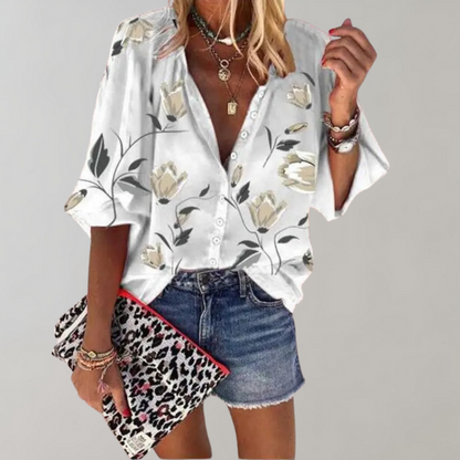 Women's Blouse - Floral Print - Loose Fit - 3/4 Wide Sleeves - Button-Up Casual Wear