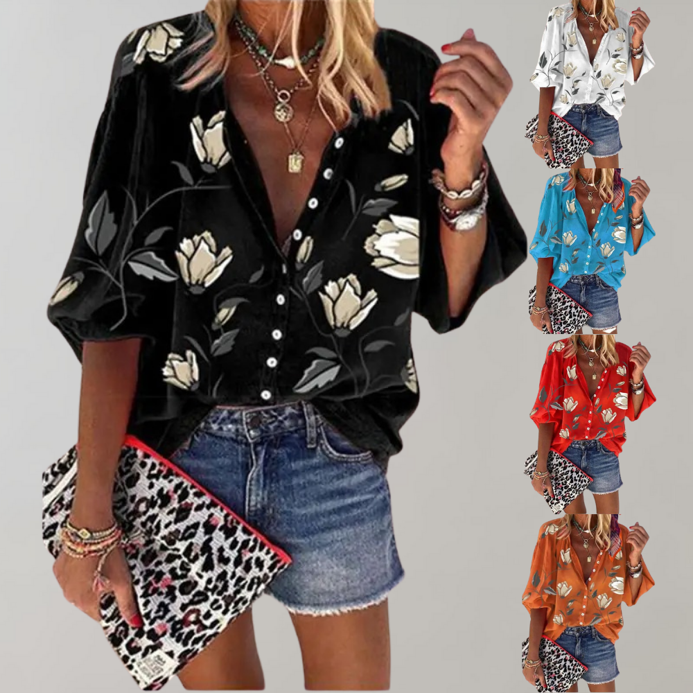Women's Blouse - Floral Print - Loose Fit - 3/4 Wide Sleeves - Button-Up Casual Wear