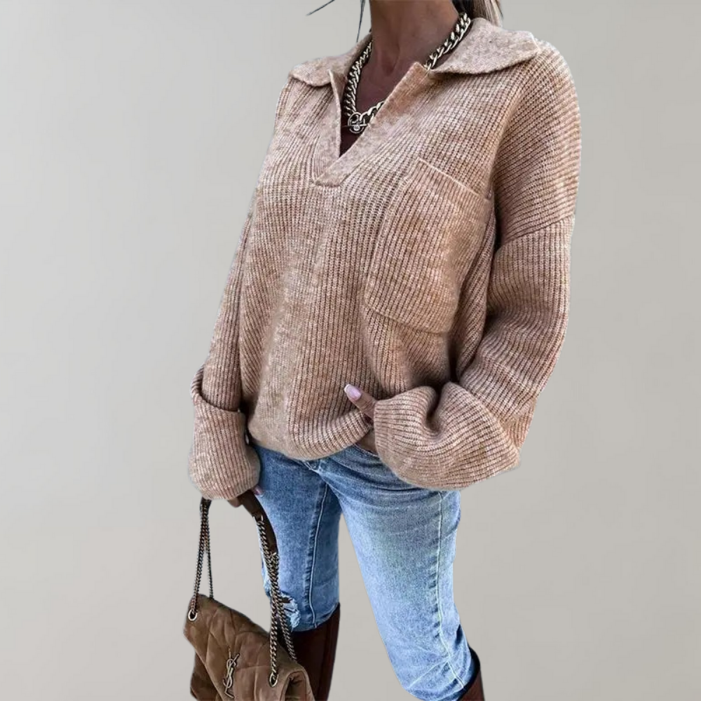 Oversized Ribbed Collared V-Neck Sweater