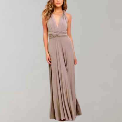 Women's Evening Gown - Floor-Length Wrap Dress - Deep V-Neck Sleeveless Elegant Fit