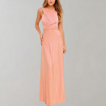 Women's Evening Gown - Floor-Length Wrap Dress - Deep V-Neck Sleeveless Elegant Fit