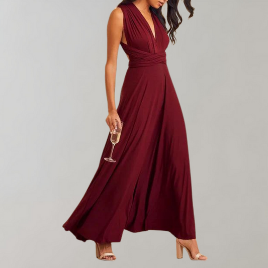 Women's Evening Gown - Floor-Length Wrap Dress - Deep V-Neck Sleeveless Elegant Fit