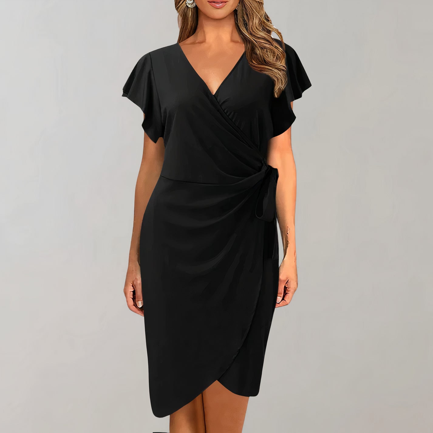 Women's Wrap Dress - Sheath Fit - V-Neck - Short Flutter Sleeves - Knee Length