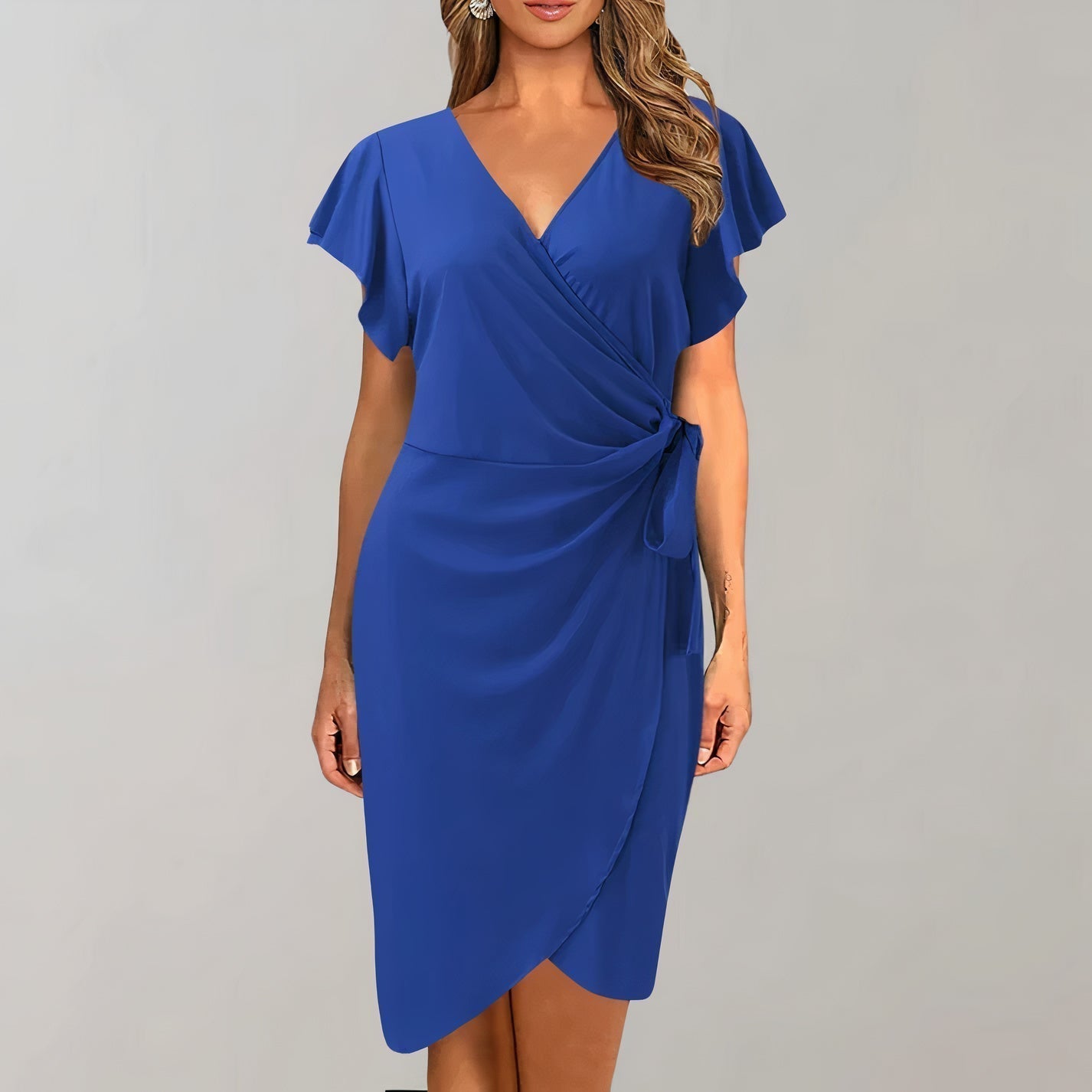 Women's Wrap Dress - Sheath Fit - V-Neck - Short Flutter Sleeves - Knee Length