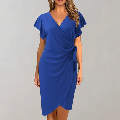 Women's Wrap Dress - Sheath Fit - V-Neck - Short Flutter Sleeves - Knee Length