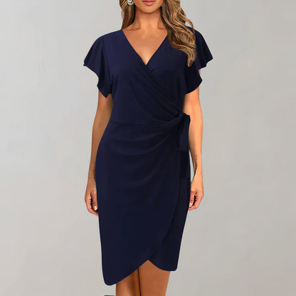 Women's Wrap Dress - Sheath Fit - V-Neck - Short Flutter Sleeves - Knee Length