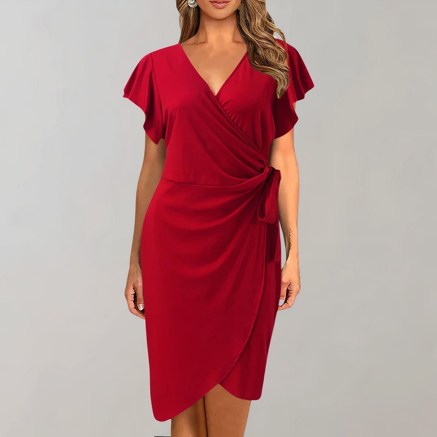 Women's Wrap Dress - Sheath Fit - V-Neck - Short Flutter Sleeves - Knee Length