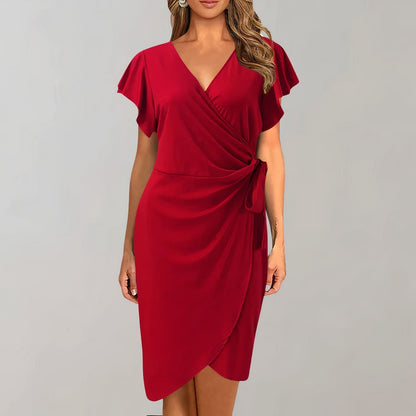 Women's Wrap Dress - Sheath Fit - V-Neck - Short Flutter Sleeves - Knee Length