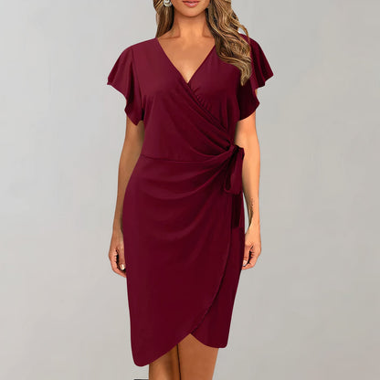Women's Wrap Dress - Sheath Fit - V-Neck - Short Flutter Sleeves - Knee Length