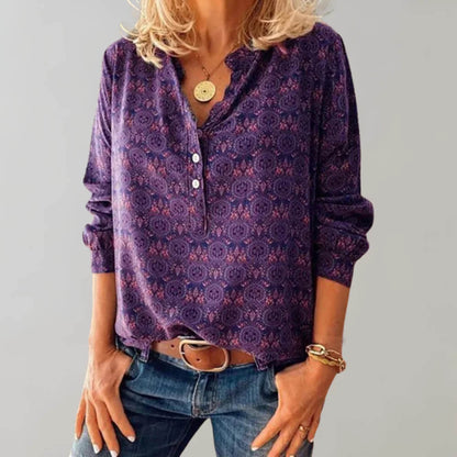 Women's Long-Sleeve Blouse - V-Neck Button-Up - Relaxed Fit Patterned Casual Wear
