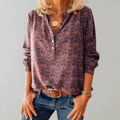 Women's Long-Sleeve Blouse - V-Neck Button-Up - Relaxed Fit Patterned Casual Wear