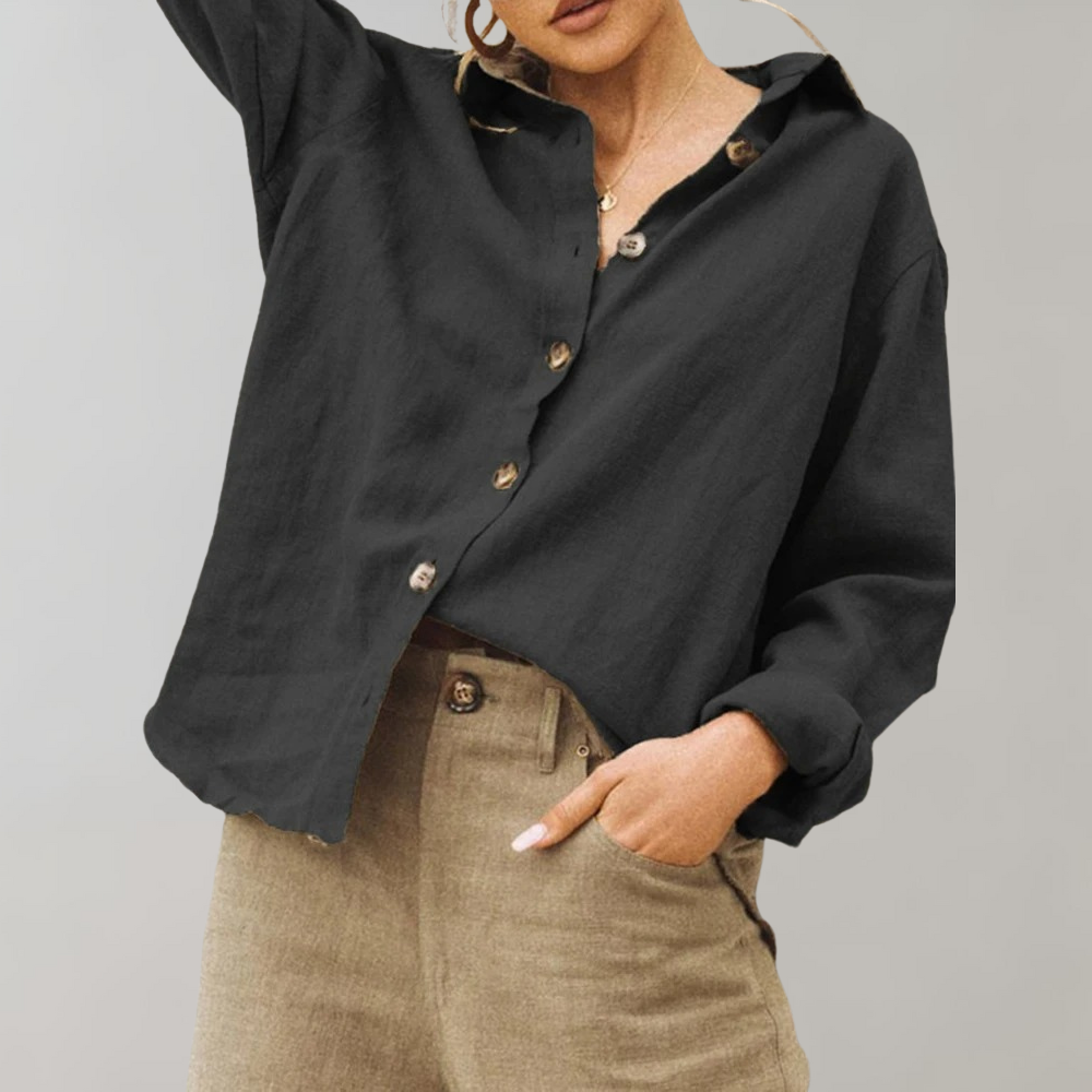 Women's Linen Button-Up Blouse - Relaxed Fit - Long Sleeve Lightweight Casual Wear