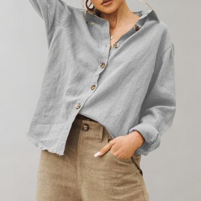 Women's Linen Button-Up Blouse - Relaxed Fit - Long Sleeve Lightweight Casual Wear