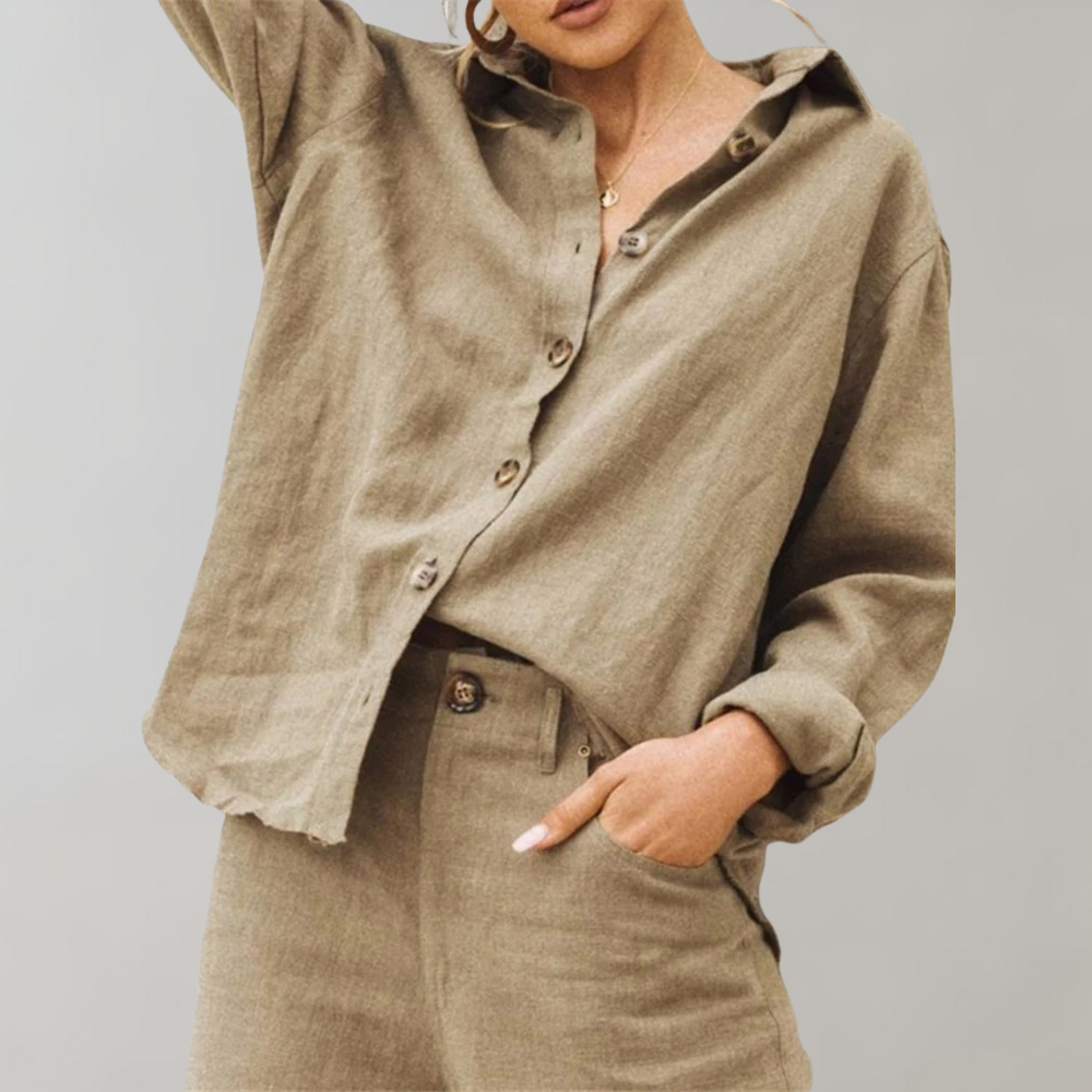 Women's Linen Button-Up Blouse - Relaxed Fit - Long Sleeve Lightweight Casual Wear