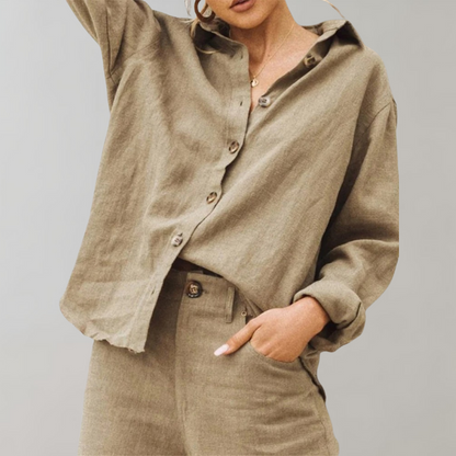 Women's Linen Button-Up Blouse - Relaxed Fit - Long Sleeve Lightweight Casual Wear