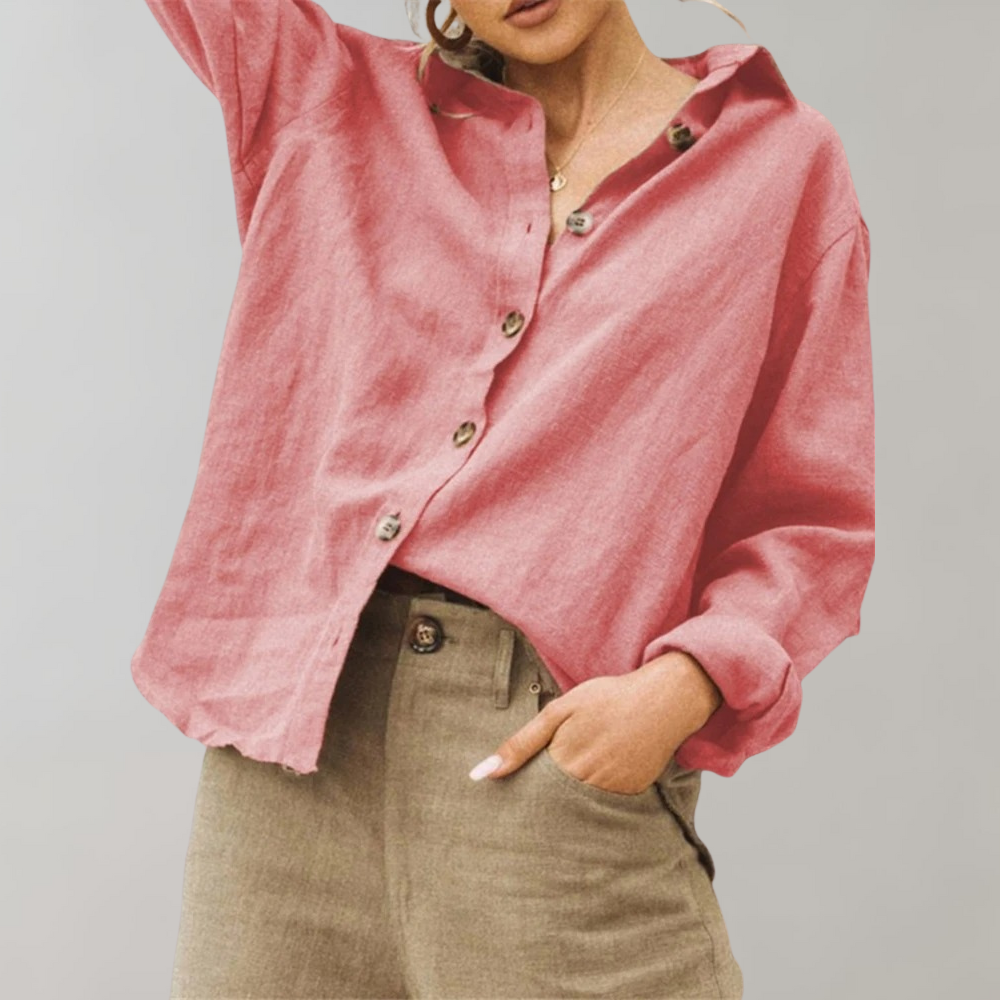 Women's Linen Button-Up Blouse - Relaxed Fit - Long Sleeve Lightweight Casual Wear