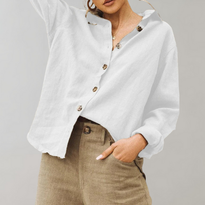 Women's Linen Button-Up Blouse - Relaxed Fit - Long Sleeve Lightweight Casual Wear