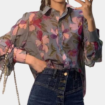 Women's Blouse - Floral Print - Relaxed Fit - Long Sleeve Button Down