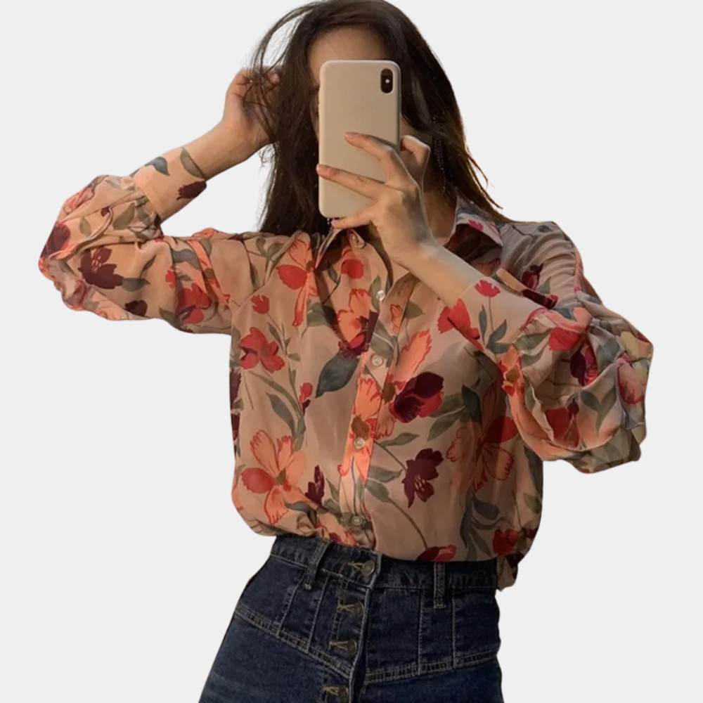 Women's Blouse - Floral Print - Relaxed Fit - Long Sleeve Button Down