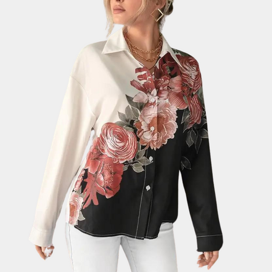 Floral Contrast Button-Up Collared Blouse