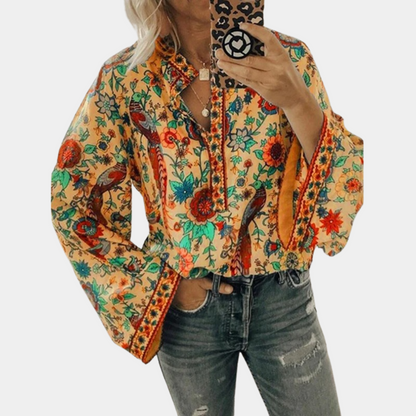 Women's Bohemian Blouse - Loose Fit - Bell Sleeves - Split Neckline - Floral Print