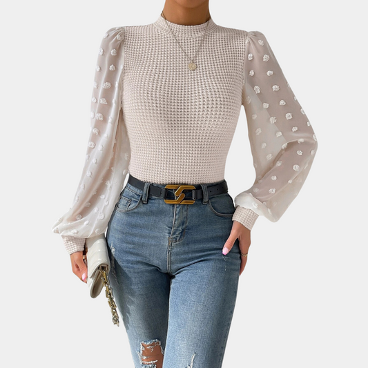 Textured Knit Sheer Balloon Sleeve Blouse