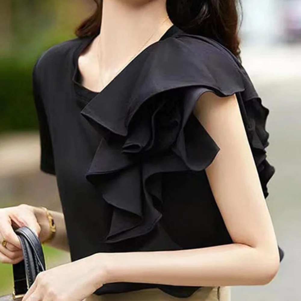 Women's Blouse - Short Sleeve - Asymmetrical Ruffle Detail - Fitted Elegant Top