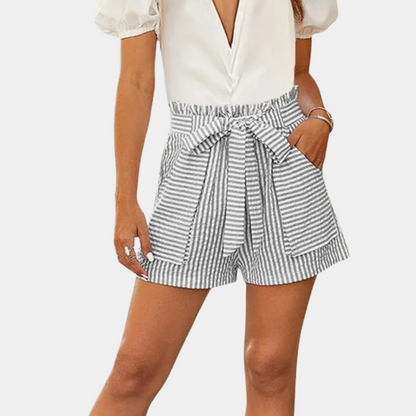 Women’s High-Waisted Shorts - Paperbag Waist - Tie Belt - Relaxed Fit - Striped