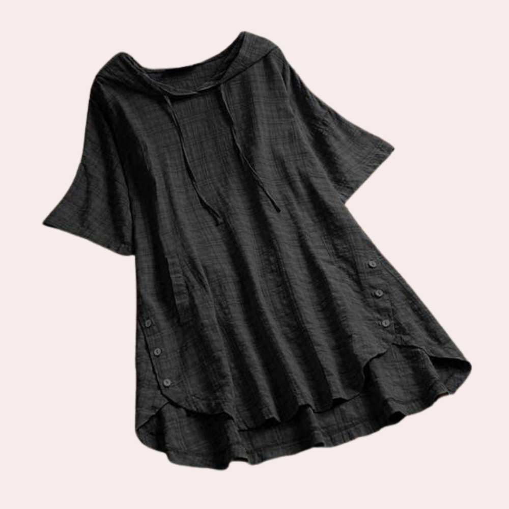 Women's Tunic Top - Loose Fit - Short Sleeve - Scoop Neck with Drawstring - Flowy Hem
