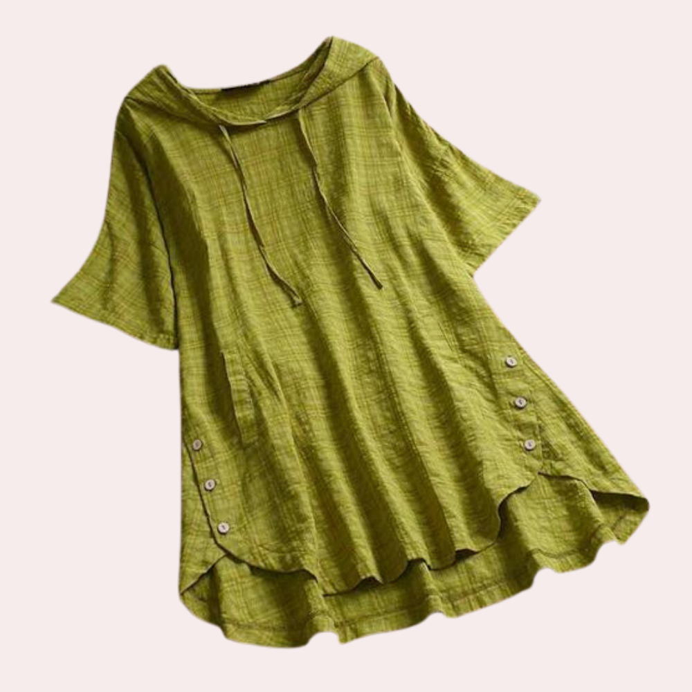 Women's Tunic Top - Loose Fit - Short Sleeve - Scoop Neck with Drawstring - Flowy Hem