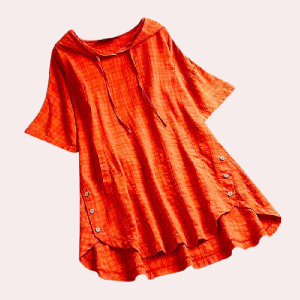 Women's Tunic Top - Loose Fit - Short Sleeve - Scoop Neck with Drawstring - Flowy Hem