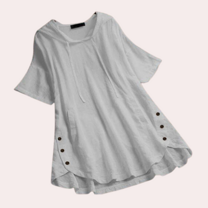 Women's Tunic Top - Loose Fit - Short Sleeve - Scoop Neck with Drawstring - Flowy Hem