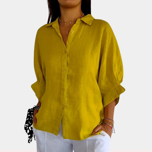 Women's Button-Down Blouse - Relaxed Fit - 3/4 Sleeve Casual Wear
