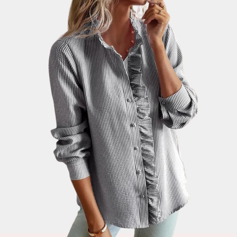 Women's Blouse - Button-Up Ruffle Detail - Mandarin Collar - Long Sleeve Relaxed Fit