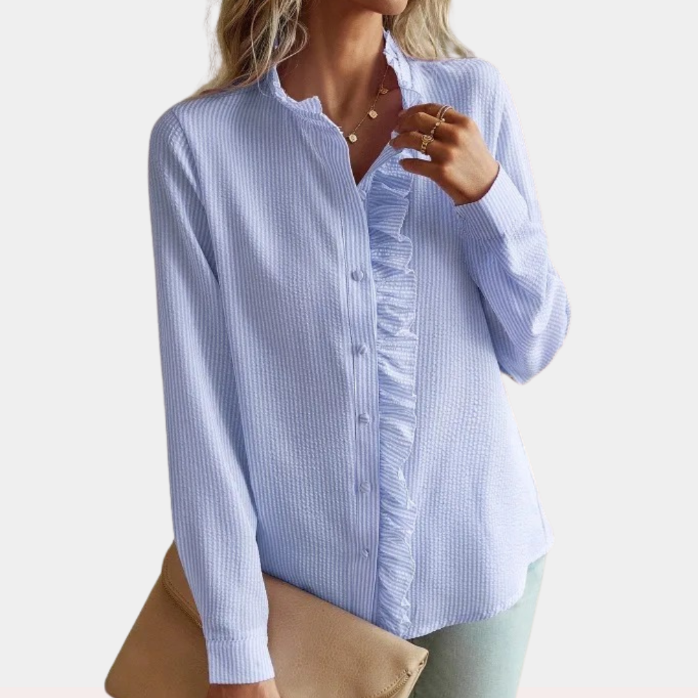Women's Blouse - Button-Up Ruffle Detail - Mandarin Collar - Long Sleeve Relaxed Fit