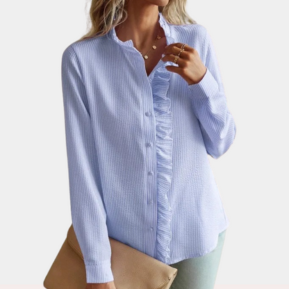 Women's Blouse - Button-Up Ruffle Detail - Mandarin Collar - Long Sleeve Relaxed Fit