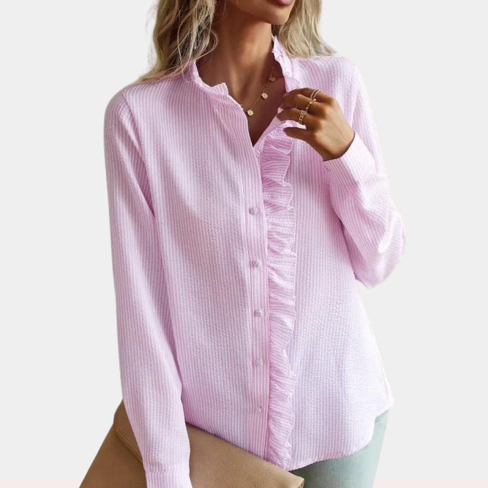 Women's Blouse - Button-Up Ruffle Detail - Mandarin Collar - Long Sleeve Relaxed Fit