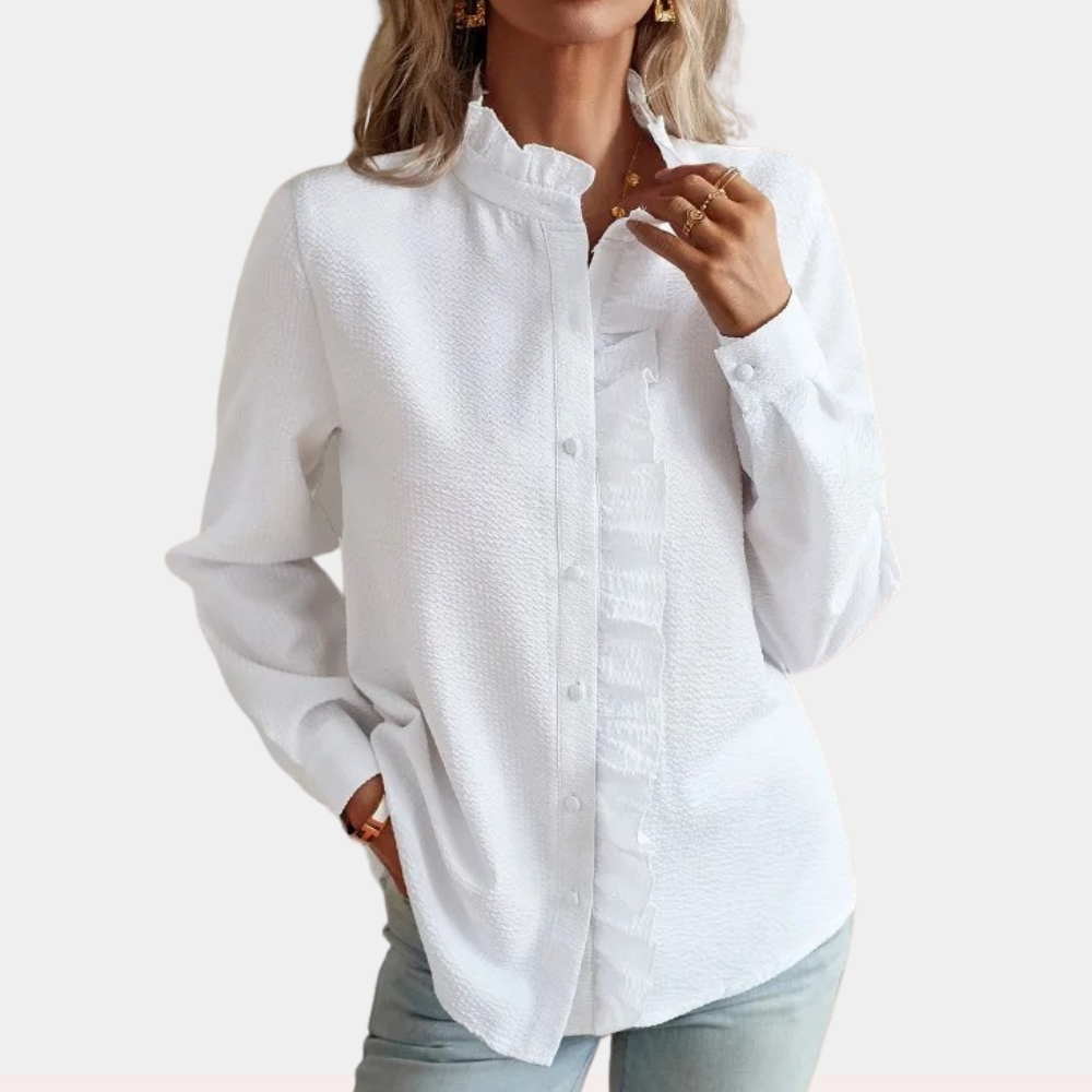 Women's Blouse - Button-Up Ruffle Detail - Mandarin Collar - Long Sleeve Relaxed Fit