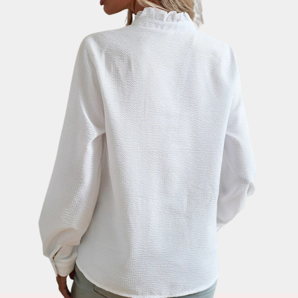 Women's Blouse - Button-Up Ruffle Detail - Mandarin Collar - Long Sleeve Relaxed Fit
